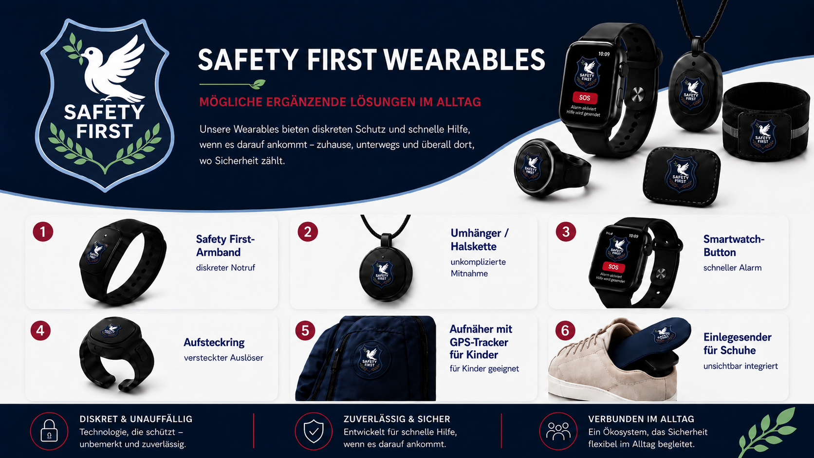 Safety1 Wearables mit Armband, Umhänger, Smartwatch-Button, Aufsteckring, GPS-Aufnäher für Kinder und Einlegesender für Schuhe